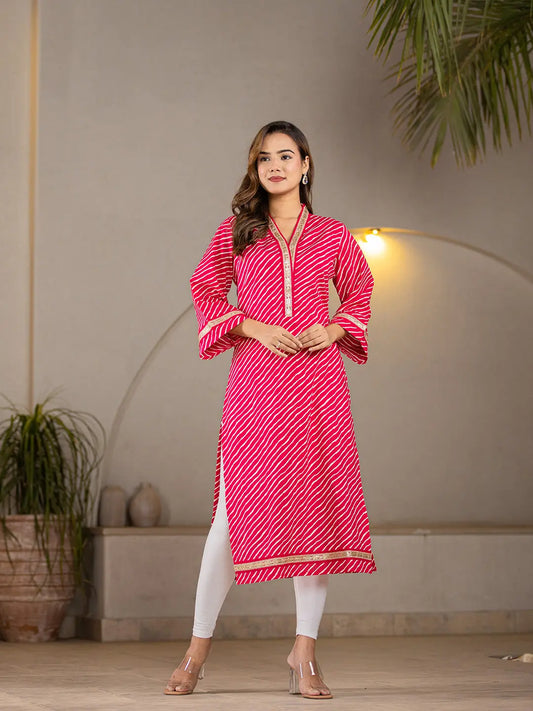 Cotton Hot Pink Leheriya Kurta-Yufta Store-6965KURHPS