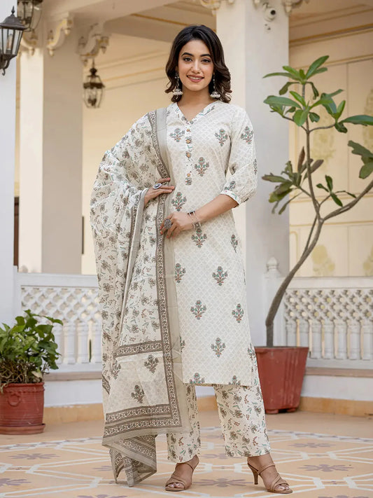 Cream Ethnic Motifs Kurta Trouser And Dupatta Set-Yufta Store-1771SKDCRS