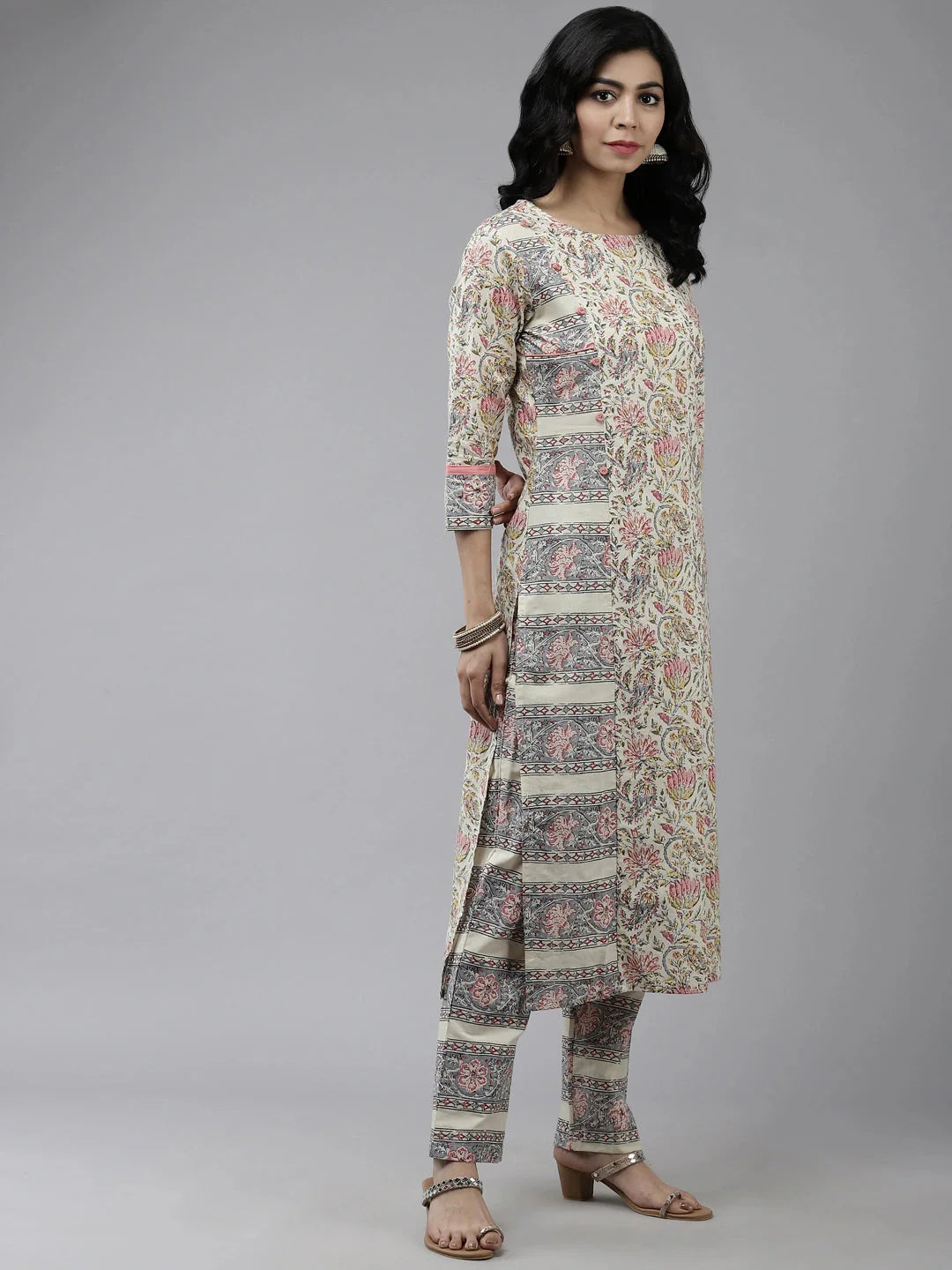 Cream Floral Printed Dupatta Set-Yufta Store-859SKDCRS