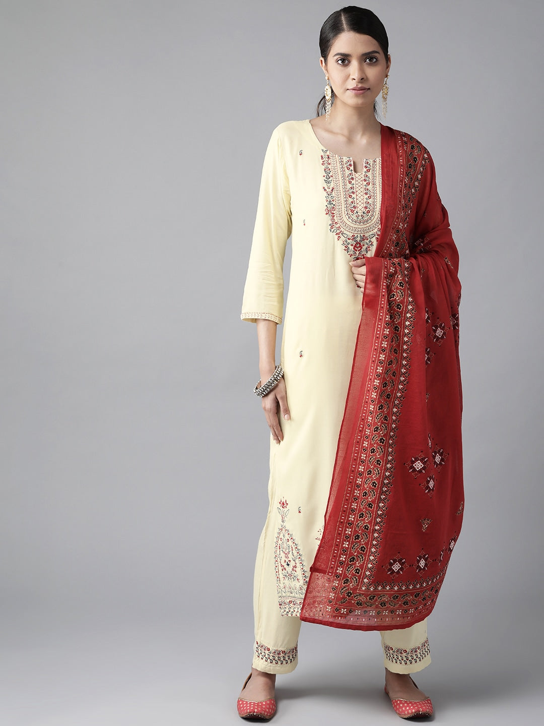 Cream & Red Embroidered Dupatta Set-Yufta Store-9096SKDCRS