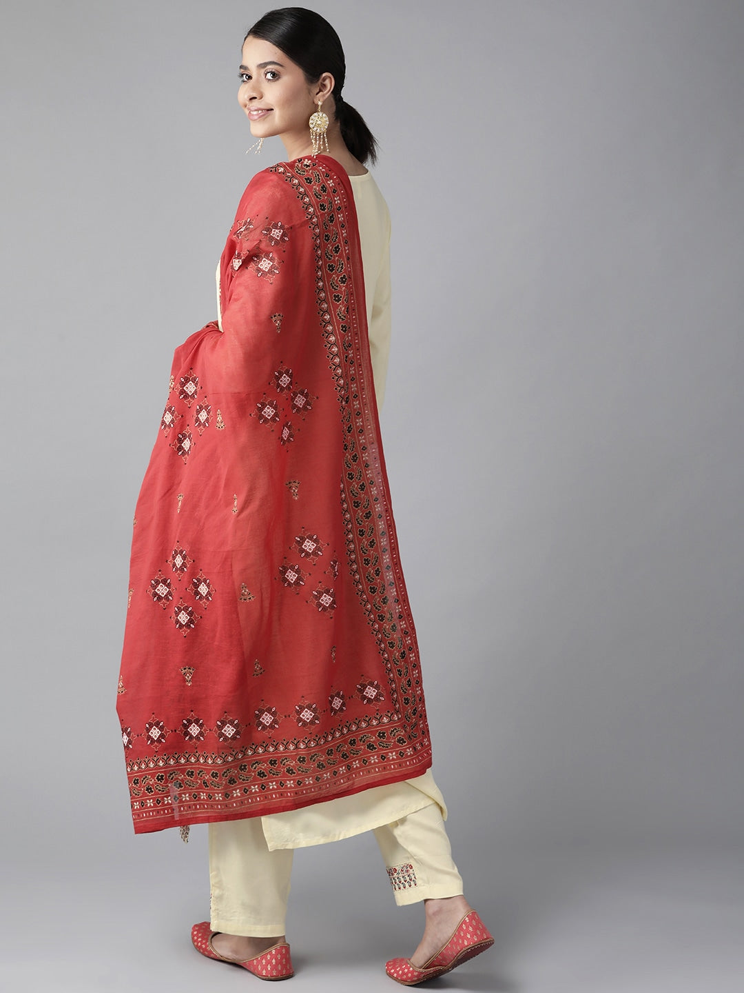 Cream & Red Embroidered Dupatta Set-Yufta Store-9096SKDCRS