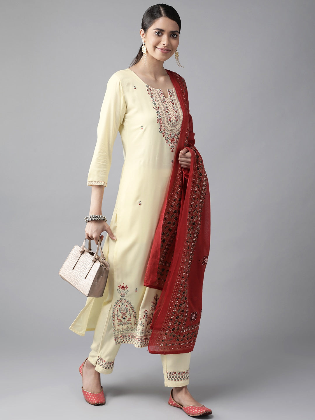 Cream & Red Embroidered Dupatta Set-Yufta Store-9096SKDCRS