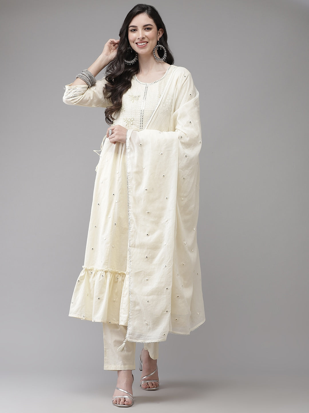 Cream Tired Dupatta Set