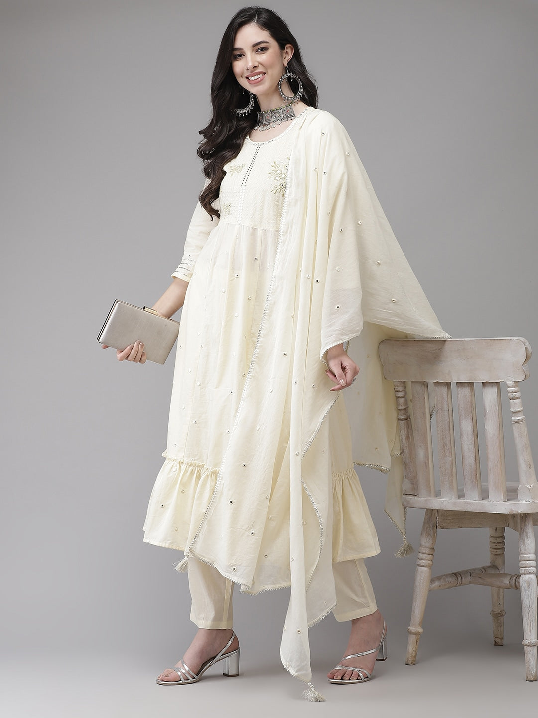 Cream Tired Dupatta Set