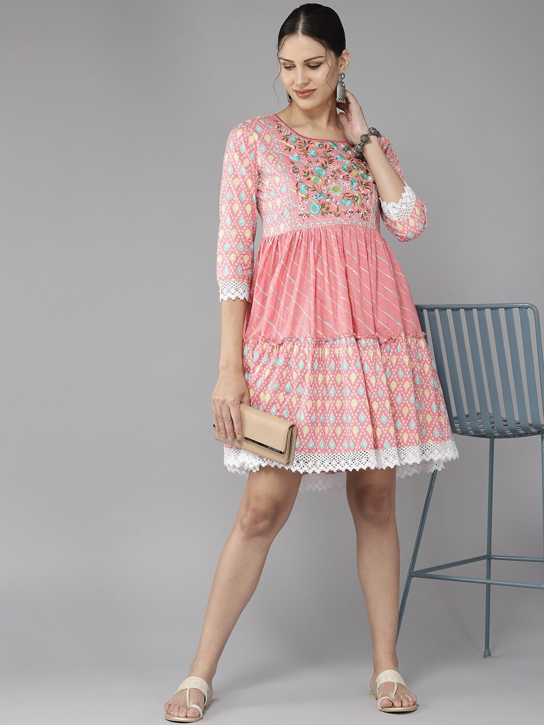 Embroidered Cotton Dress-Yufta Store-1196DRSPKS