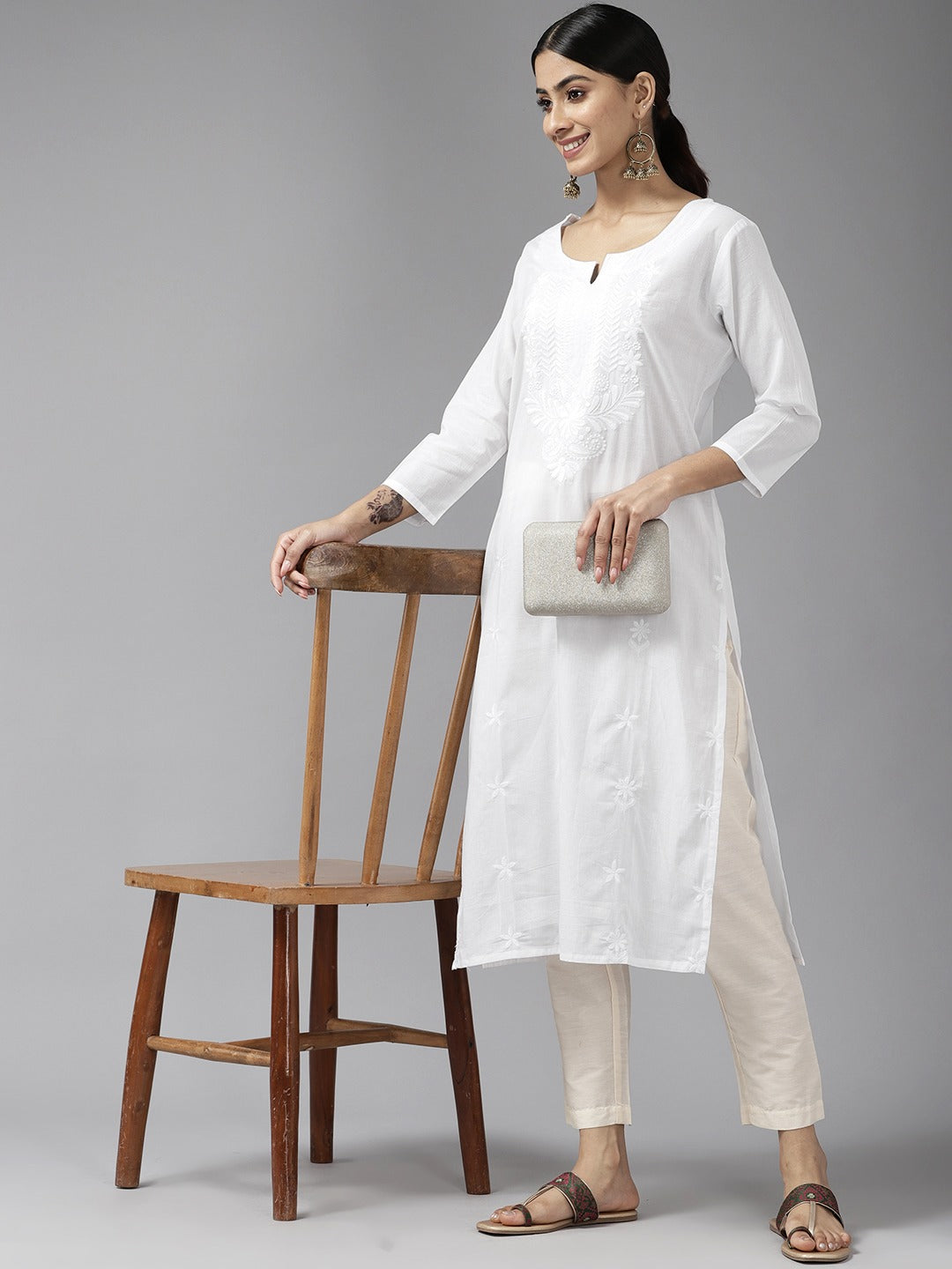 Embroidered Cotton Kurta-Yufta Store-1229KURWHS