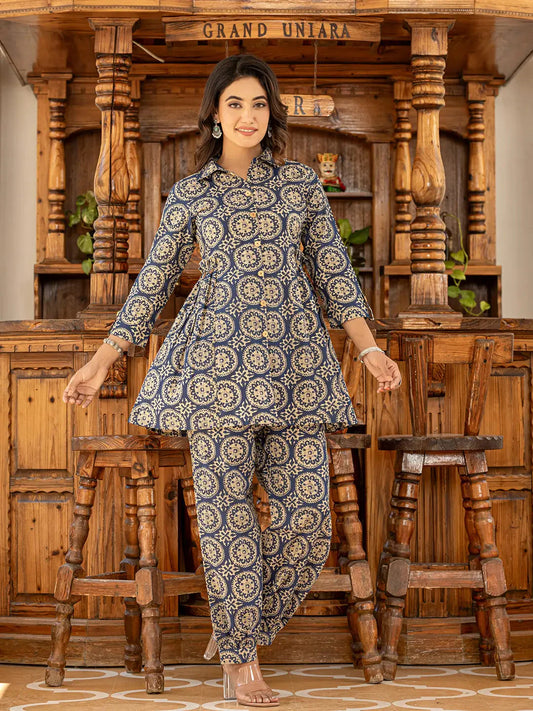 Ethnic Motifs Print Navy Blue Cotton Co-Ord Set-Yufta Store-1821CRDNBS