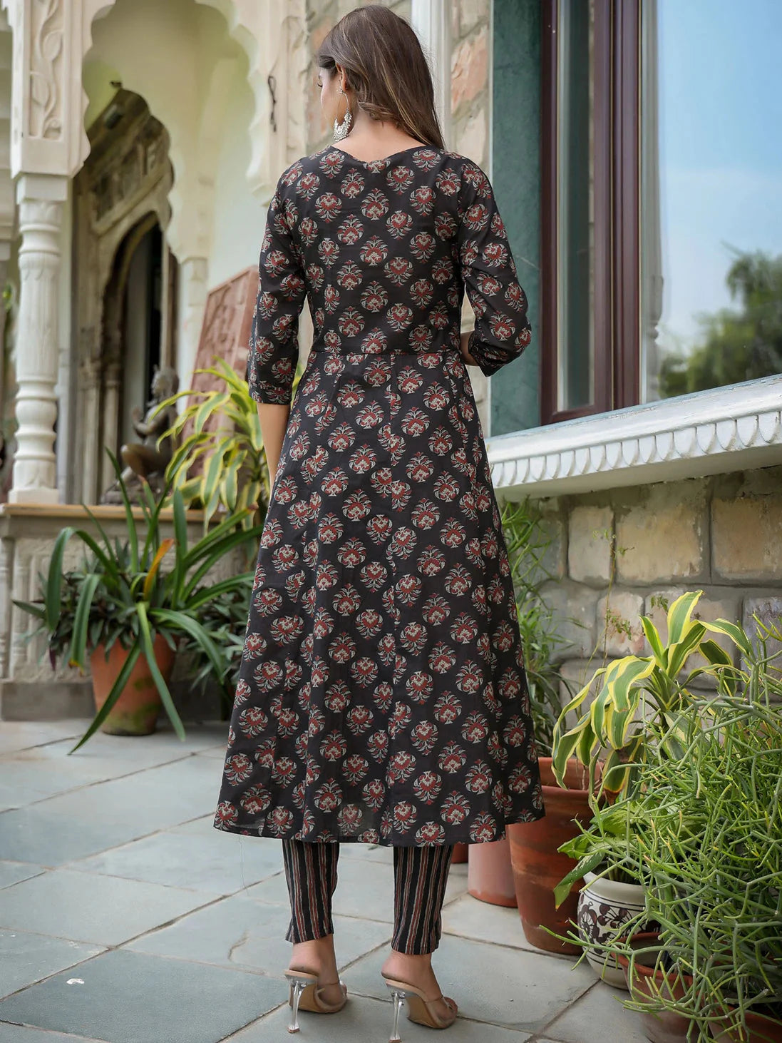 Ethnic Motifs Printed Sequinned Anarkali Shape Cotton Kurta with Trousers & Dupatta-Yufta Store-1558SKDBKS