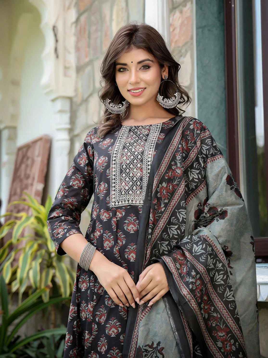 Ethnic Motifs Printed Sequinned Anarkali Shape Cotton Kurta with Trousers & Dupatta-Yufta Store-1558SKDBKS