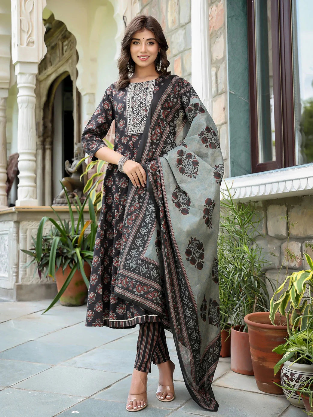 Ethnic Motifs Printed Sequinned Anarkali Shape Cotton Kurta with Trousers & Dupatta-Yufta Store-1558SKDBKS