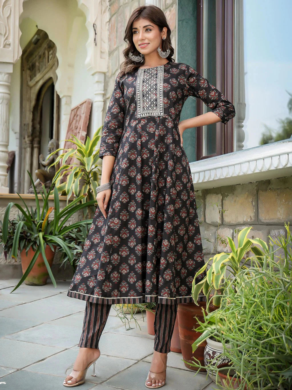 Ethnic Motifs Printed Sequinned Anarkali Shape Cotton Kurta with Trousers & Dupatta-Yufta Store-1558SKDBKS