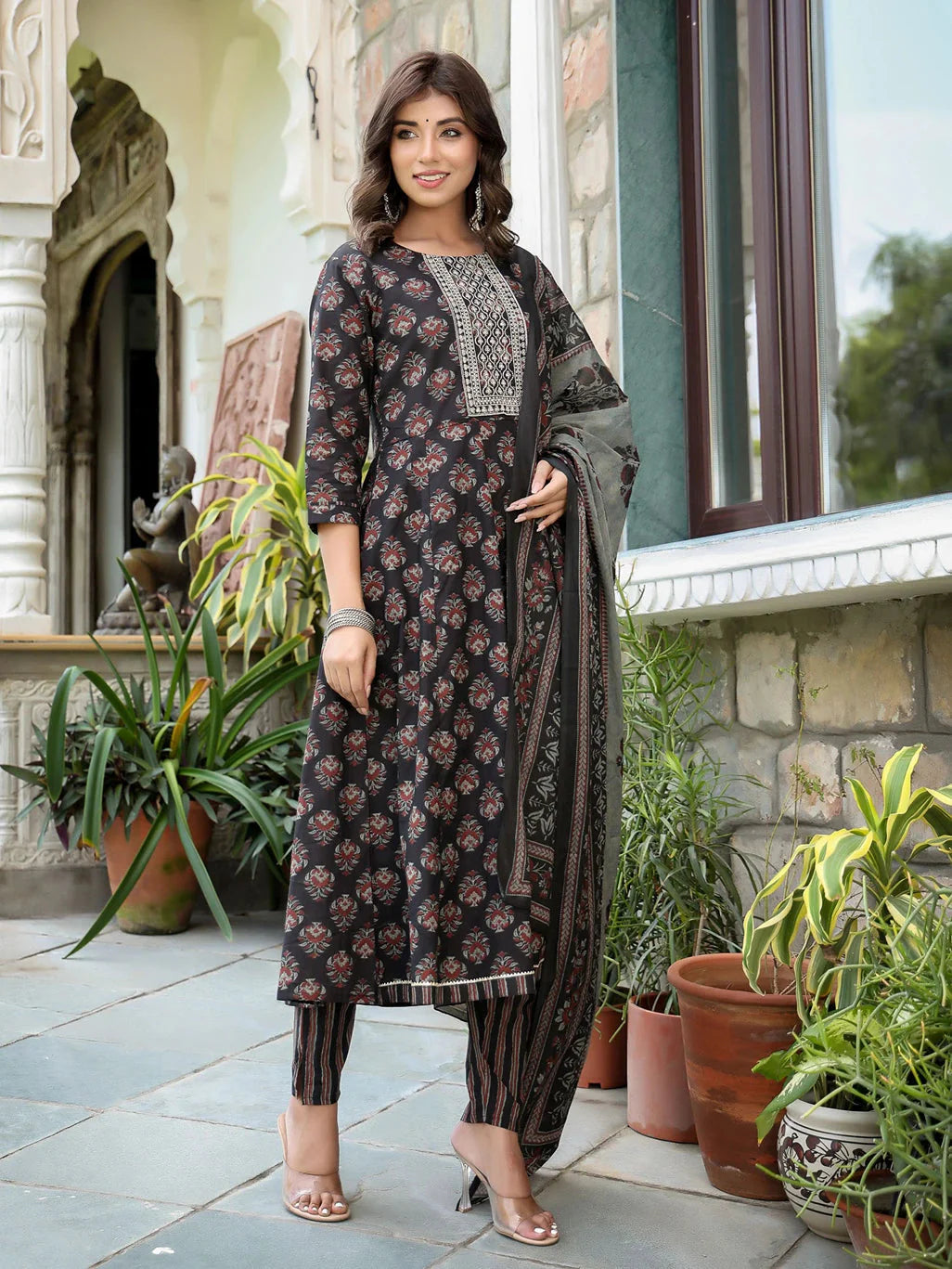 Ethnic Motifs Printed Sequinned Anarkali Shape Cotton Kurta with Trousers & Dupatta-Yufta Store-1558SKDBKS