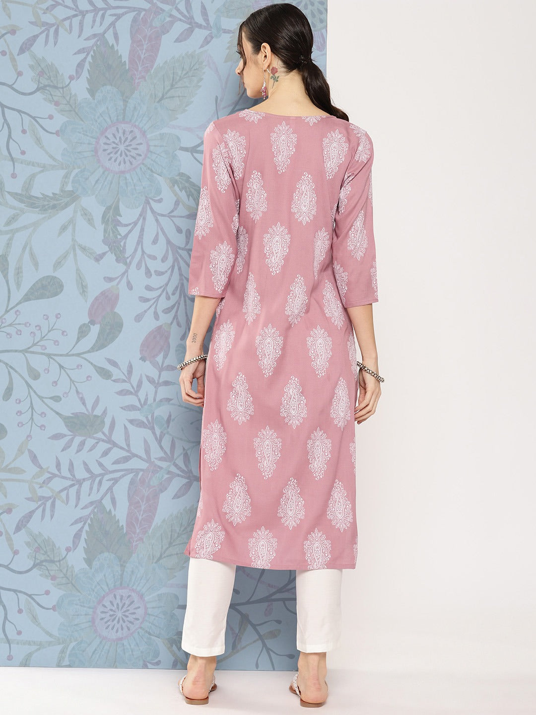 Ethnic Motifs Round Neck Viscose Rayon Straight Kurta-Yufta Store-1482KURPRS