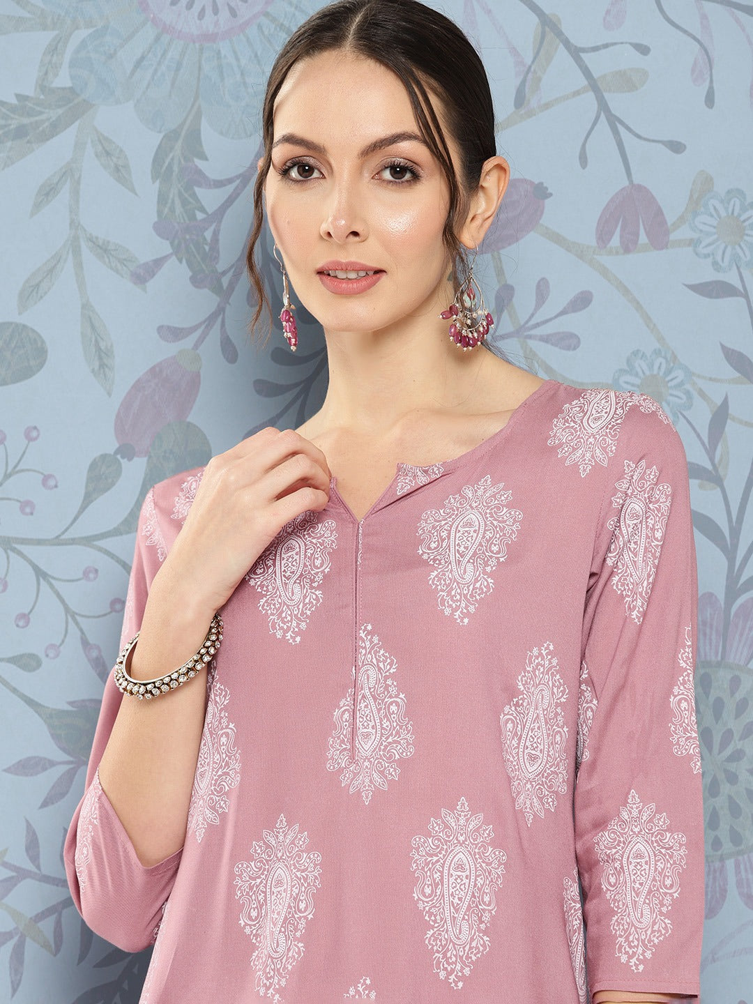 Ethnic Motifs Round Neck Viscose Rayon Straight Kurta-Yufta Store-1482KURPRS