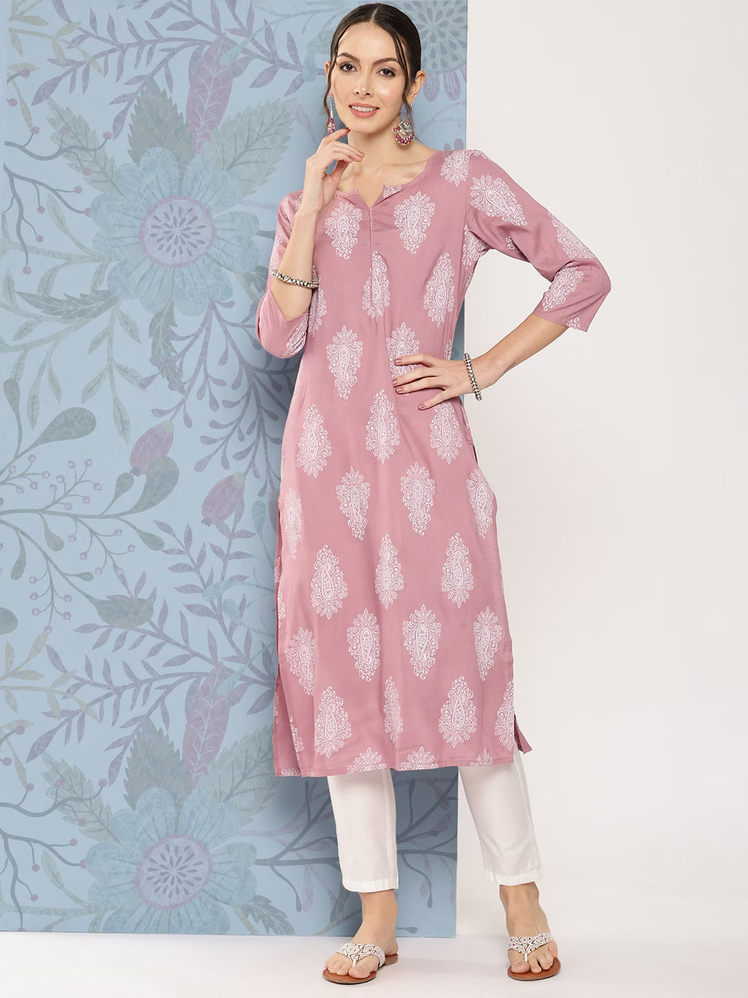 Ethnic Motifs Round Neck Viscose Rayon Straight Kurta-Yufta Store-1482KURPRS