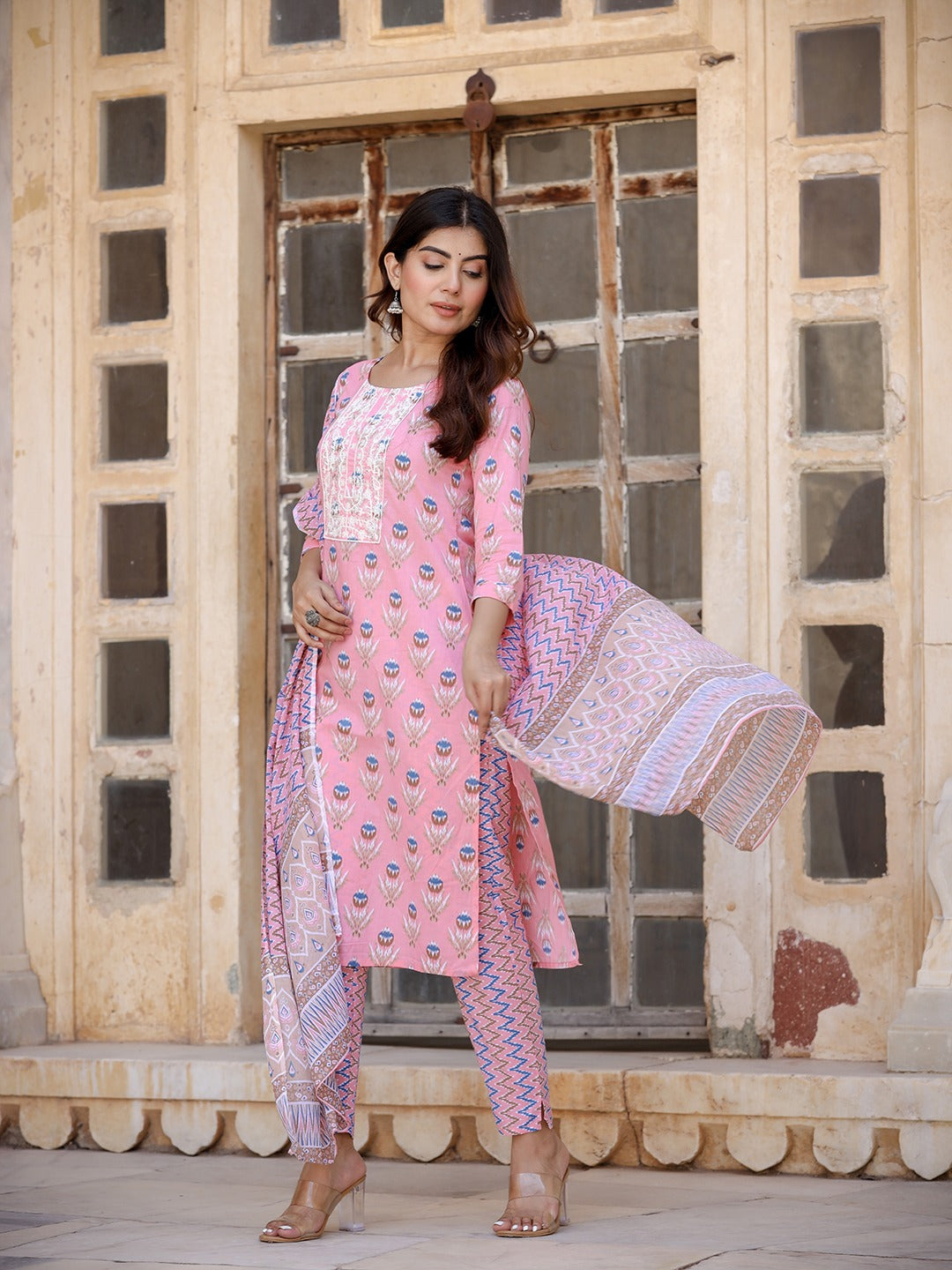 Floral Embroidered Regular Pure Cotton Kurta with Trousers & With Dupatta-Yufta Store-1448SKDPCS