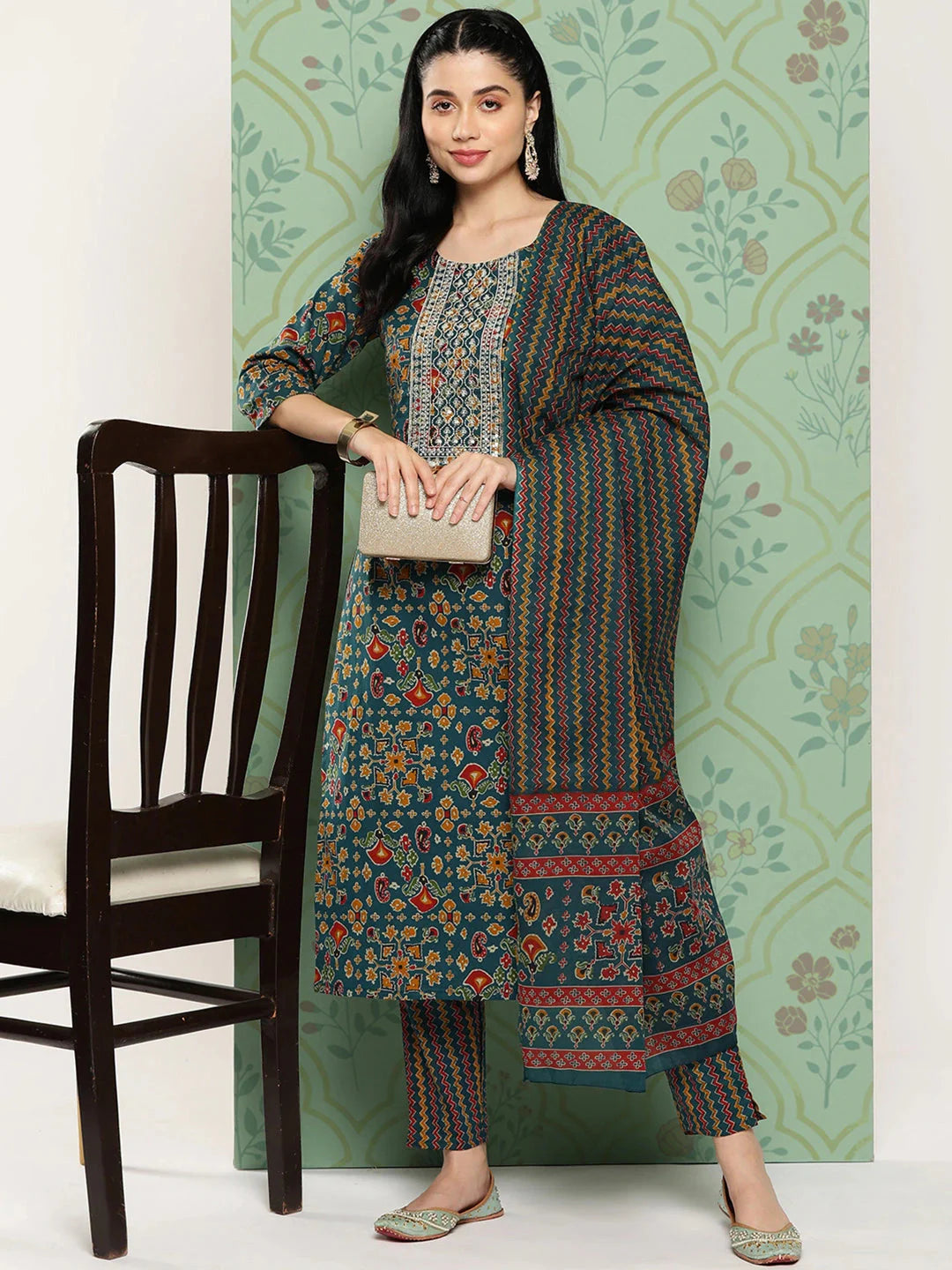 Floral Embroidered Regular Sequined Pure Cotton Kurta with Trousers & With Dupatta-Yufta Store-1455SKDTBS