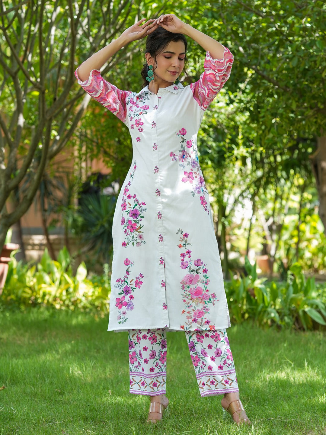 Pink Floral Printed Kurta with Trousers Co-Ords-Yufta Store-1494CRDPKS