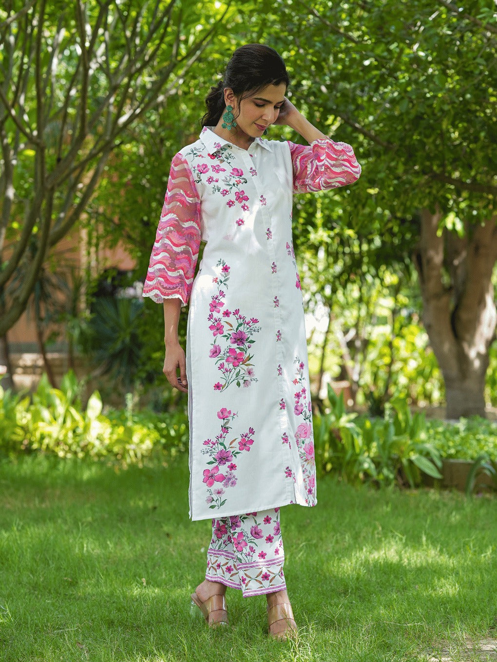 Pink Floral Printed Kurta with Trousers Co-Ords-Yufta Store-1494CRDPKS