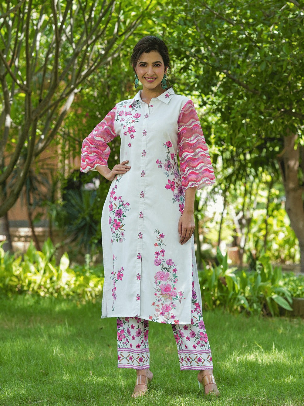 Pink Floral Printed Kurta with Trousers Co-Ords-Yufta Store-1494CRDPKS