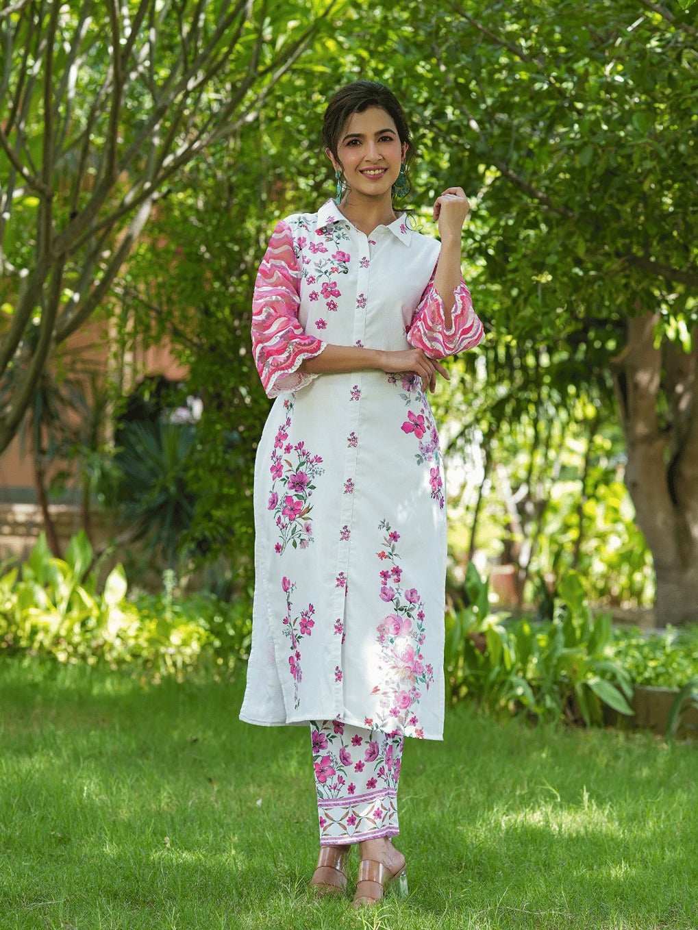 Pink Floral Printed Kurta with Trousers Co-Ords-Yufta Store-1494CRDPKS