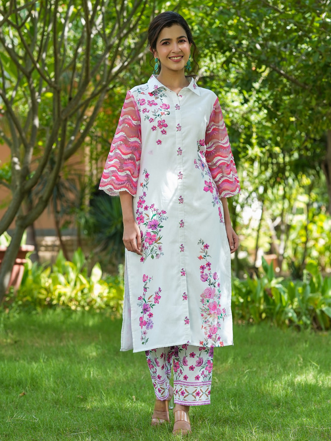 Pink Floral Printed Kurta with Trousers Co-Ords-Yufta Store-1494CRDPKS