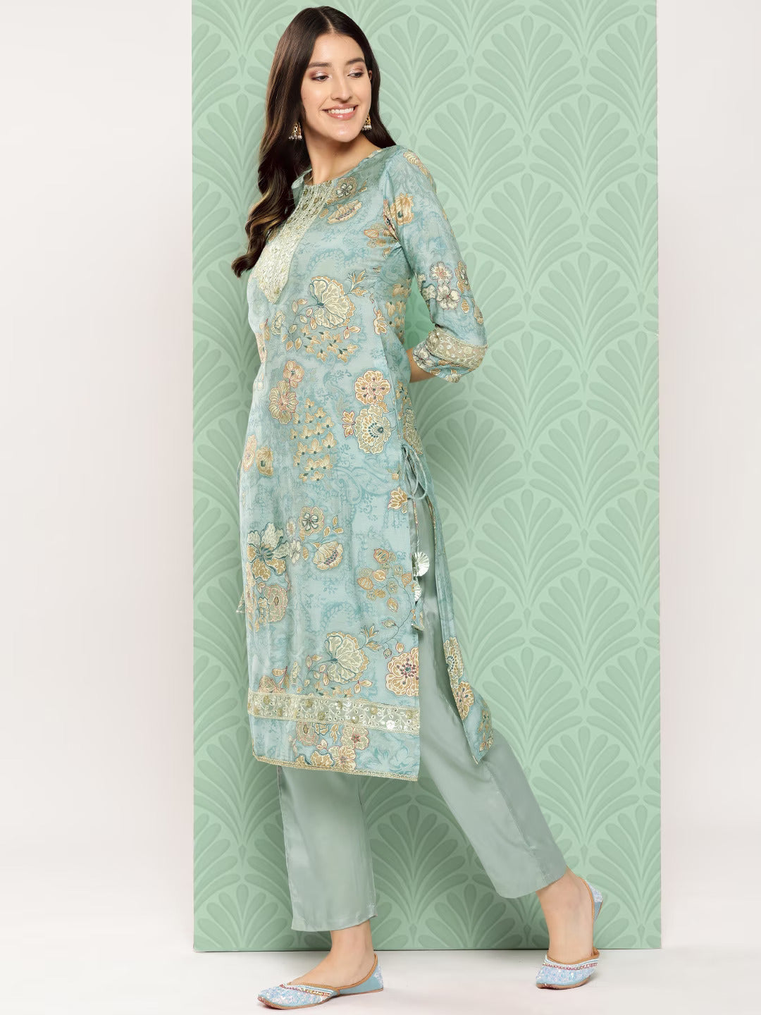 Floral Printed Regular Chanderi Silk Kurta with Trousers & Dupatta-Yufta Store-1536SKDBLS