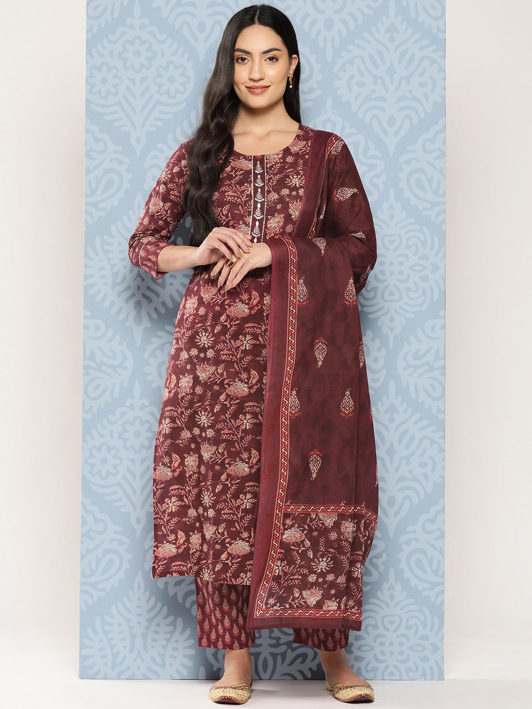 Floral Printed Regular Gotta Patti Pure Cotton Kurta with Trousers & Dupatta-Yufta Store-1370SKDMRS