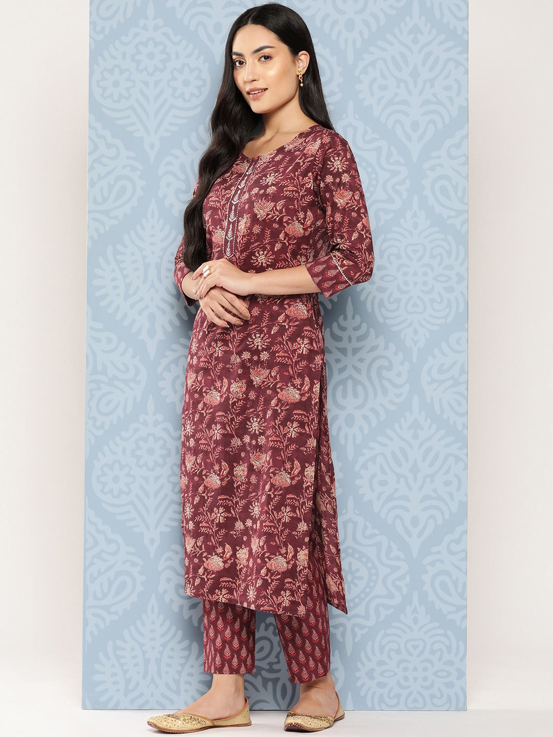 Floral Printed Regular Gotta Patti Pure Cotton Kurta with Trousers & Dupatta-Yufta Store-1370SKDMRS