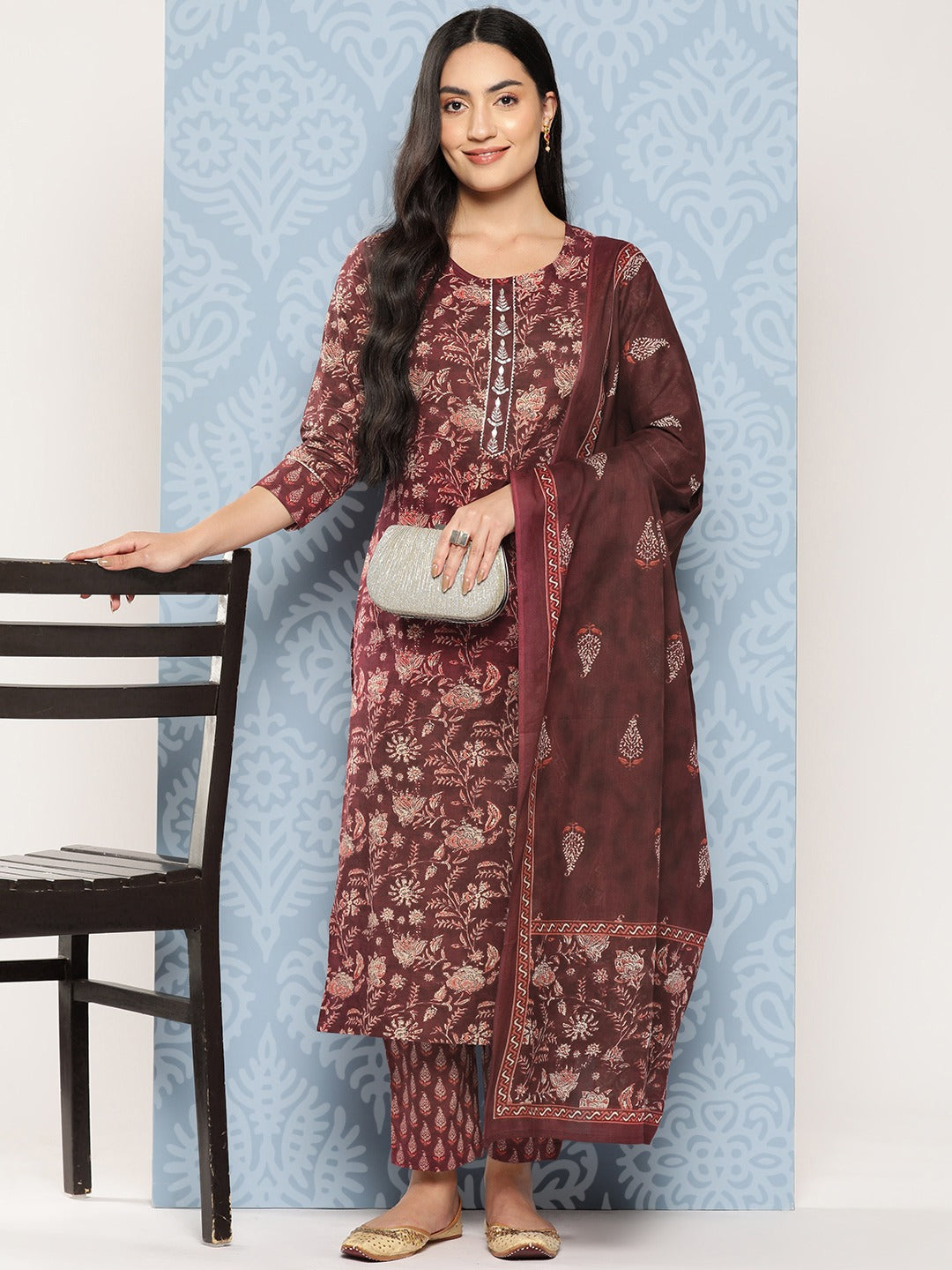 Floral Printed Regular Gotta Patti Pure Cotton Kurta with Trousers & Dupatta-Yufta Store-1370SKDMRS