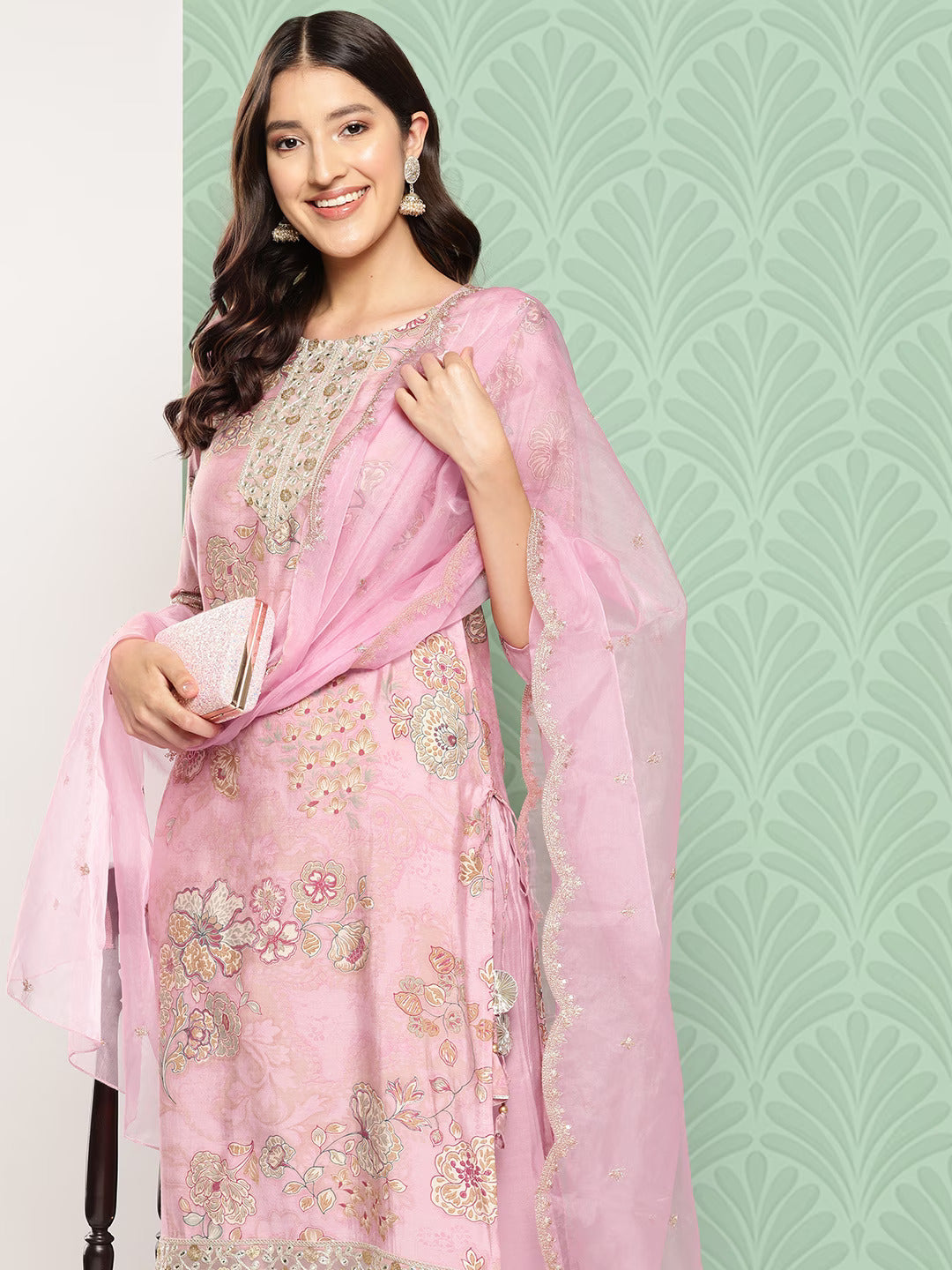 Floral Printed Regular Pure Silk Kurta with Trousers & With Dupatta-Yufta Store-1536SKDPKS