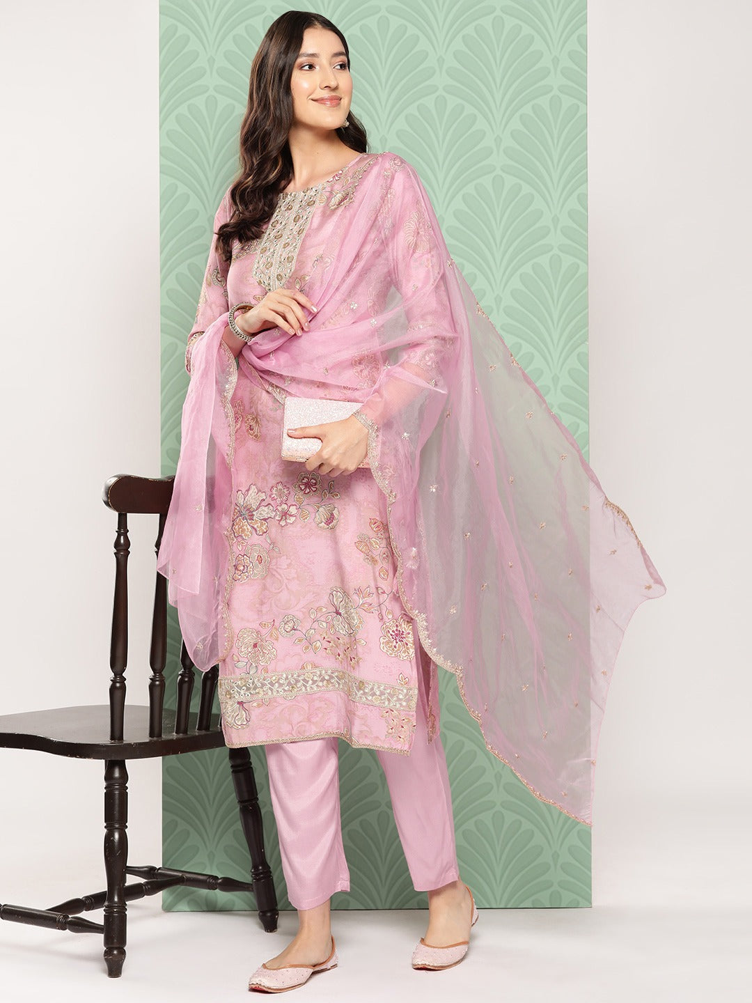 Floral Printed Regular Pure Silk Kurta with Trousers & With Dupatta-Yufta Store-1536SKDPKS