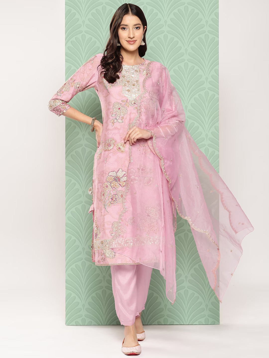 Floral Printed Regular Pure Silk Kurta with Trousers & With Dupatta-Yufta Store-1536SKDPKS