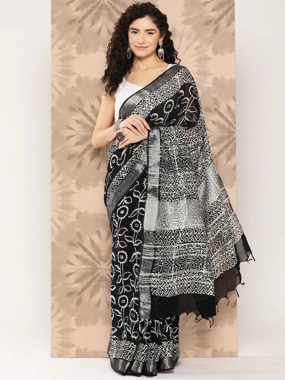 Floral Pure Cotton Handwoven Saree-Yufta Store-1321SARBK