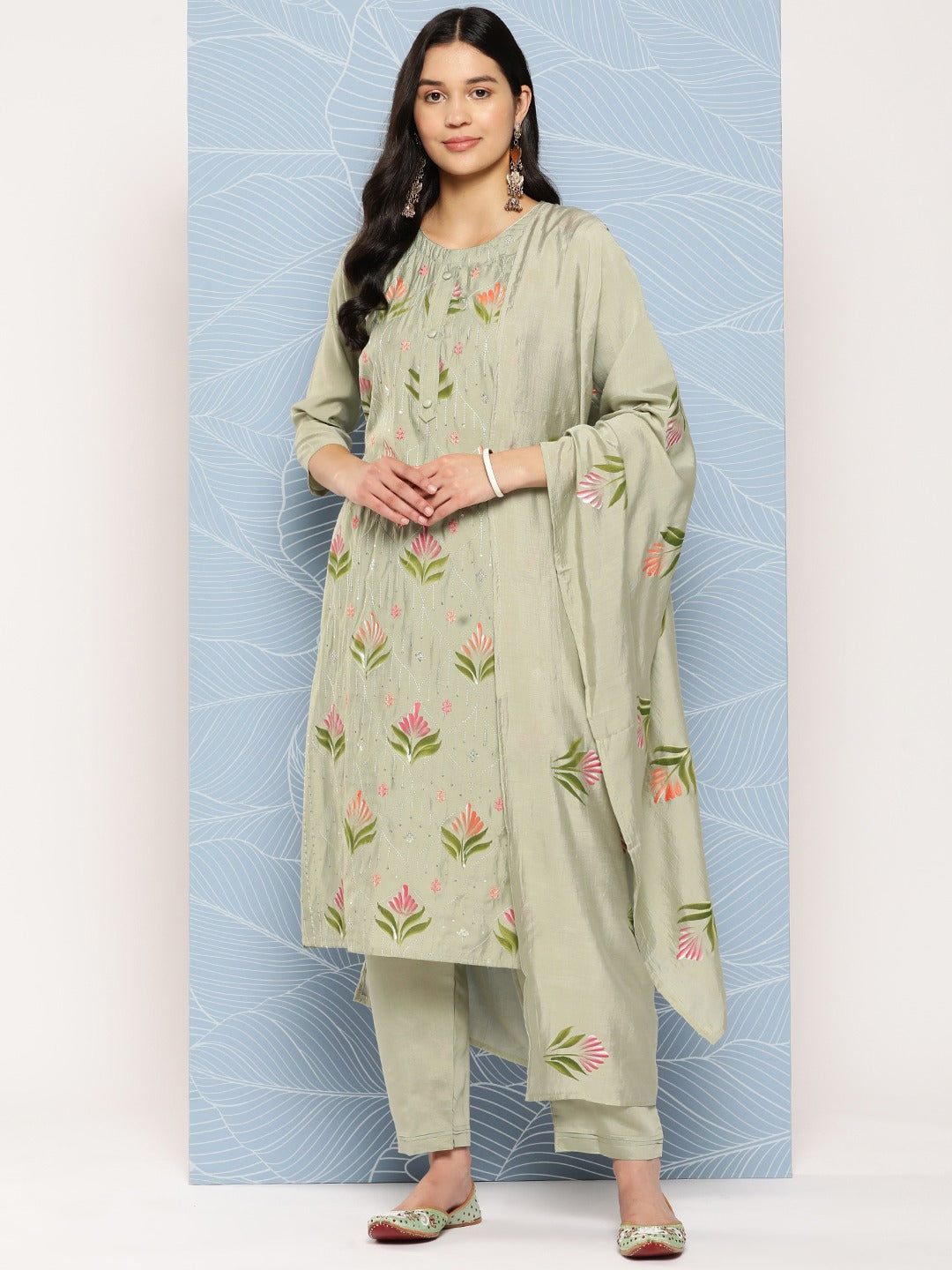 Floral Sequinned Kurta Dupatta Set-Yufta Store-1267SKDGRS