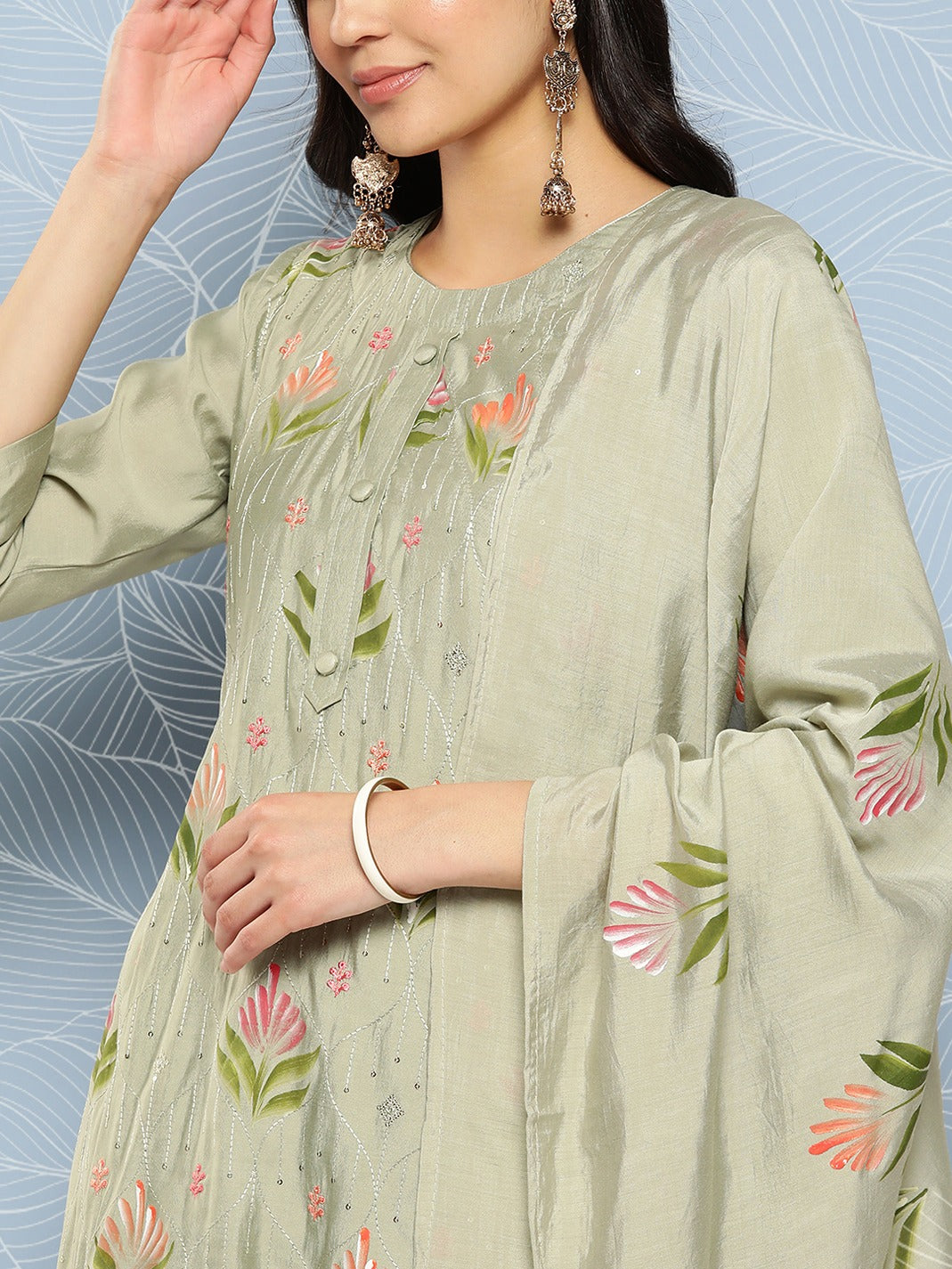 Floral Sequinned Kurta Dupatta Set-Yufta Store-1267SKDGRS