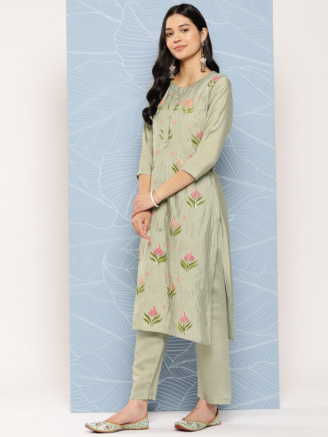 Floral Sequinned Kurta Dupatta Set-Yufta Store-1267SKDGRS