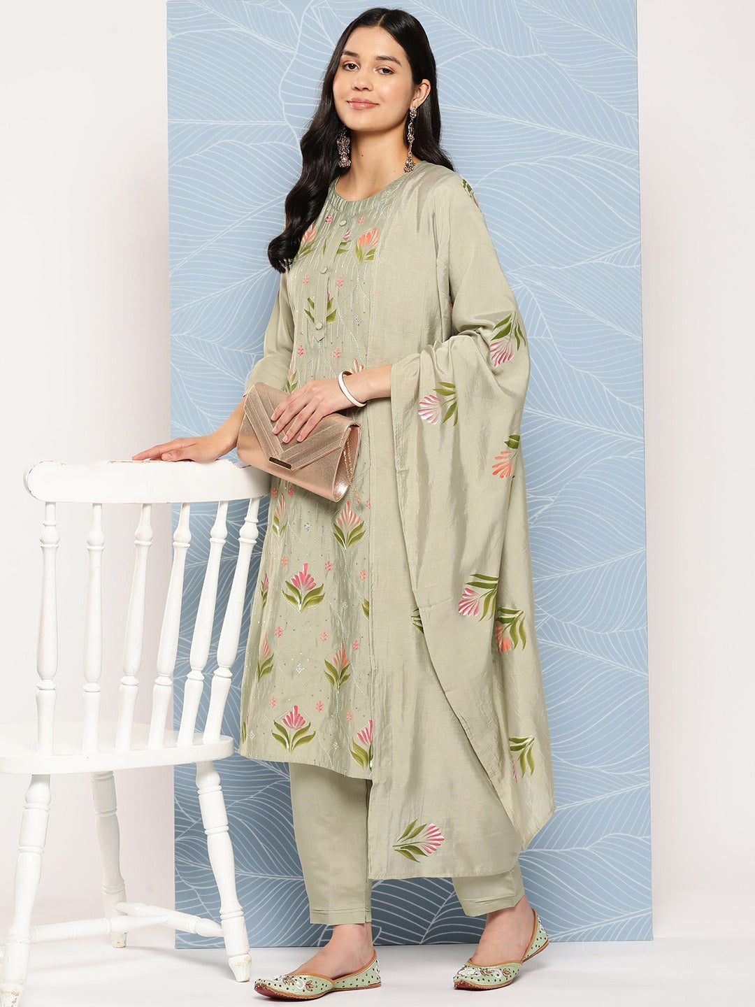 Floral Sequinned Kurta Dupatta Set-Yufta Store-1267SKDGRS