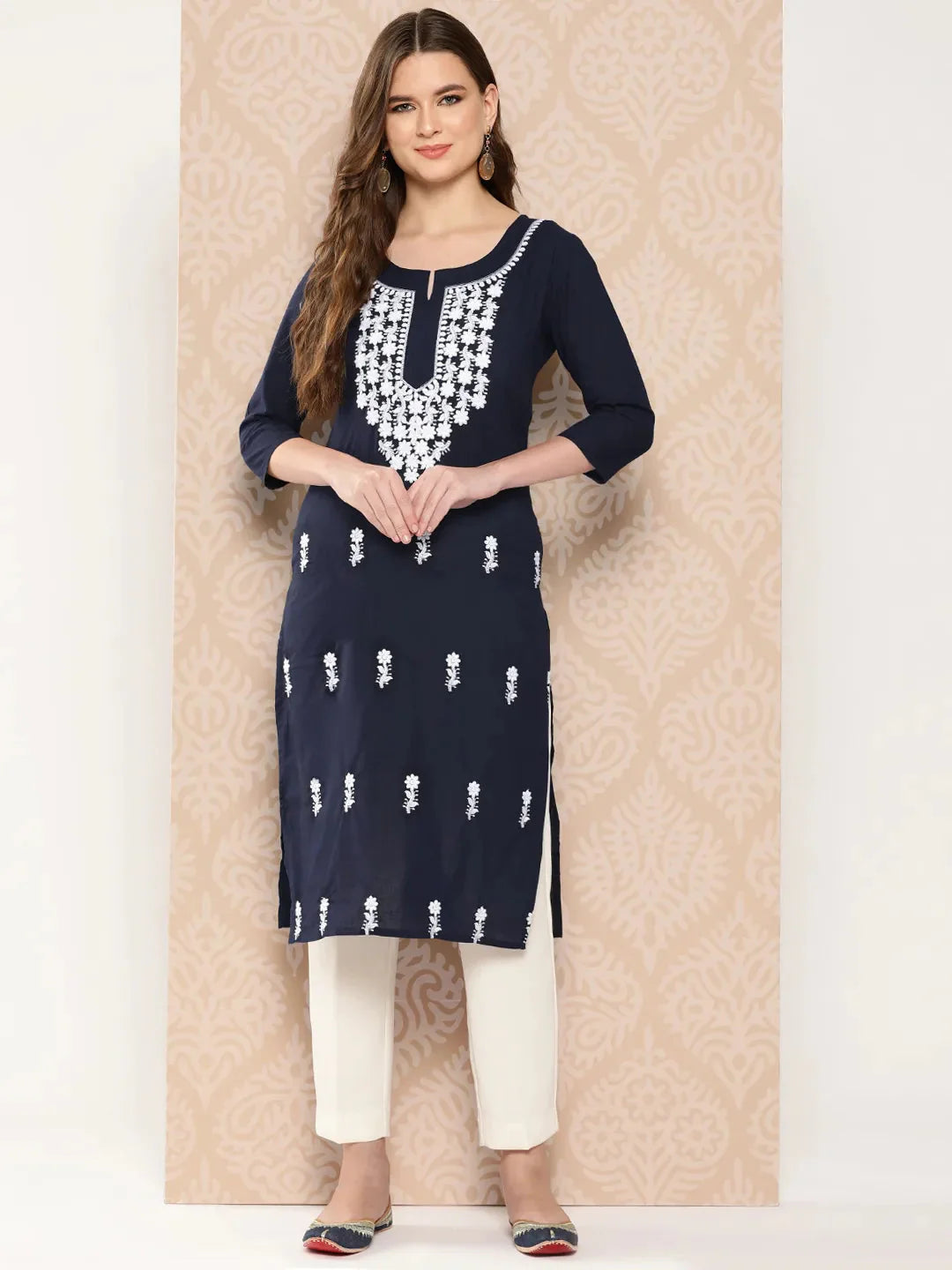 Floral Yoke Design Chikankari Kurta-Yufta Store-1497KURNBS