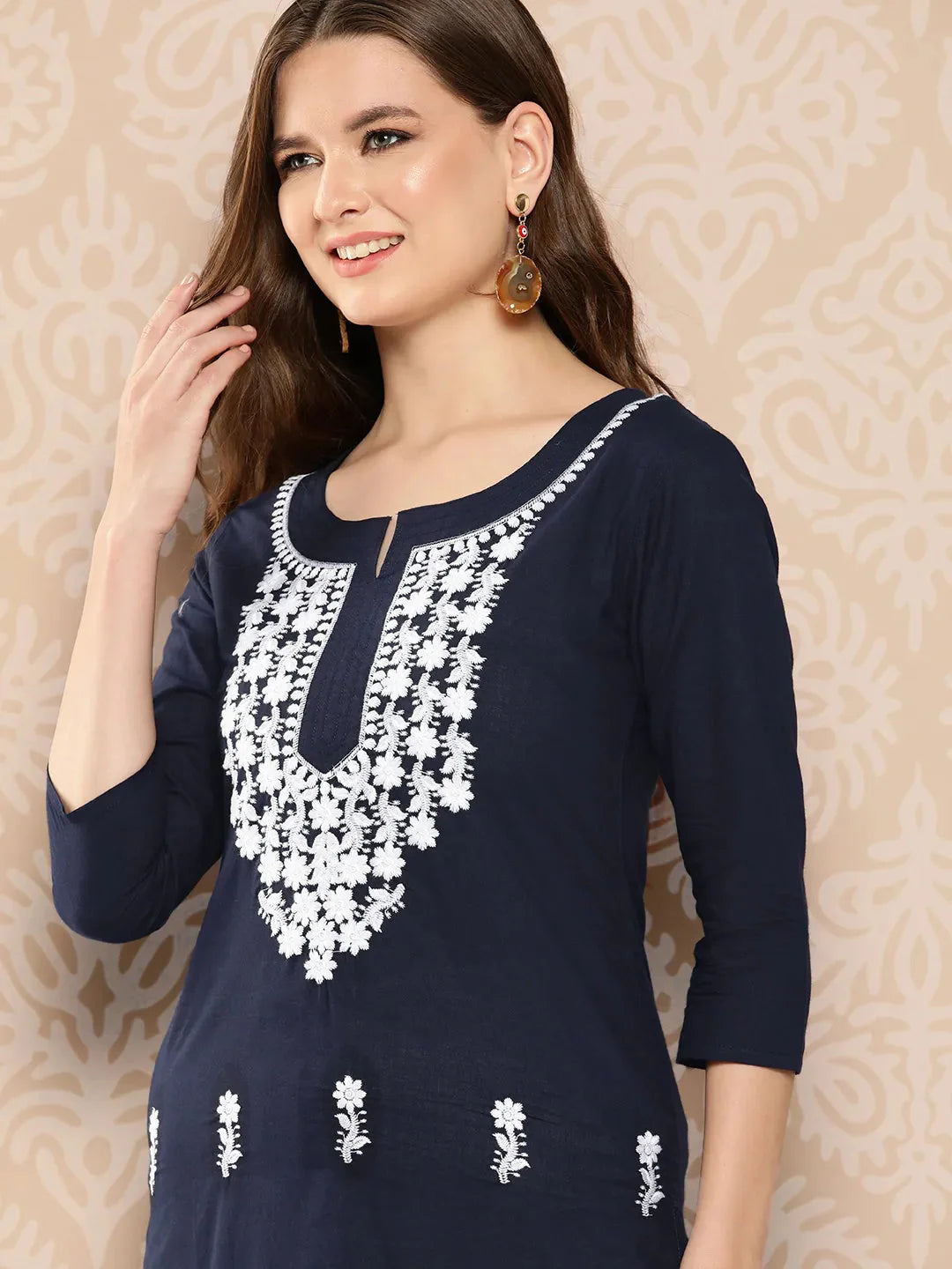 Floral Yoke Design Chikankari Kurta-Yufta Store-1497KURNBS