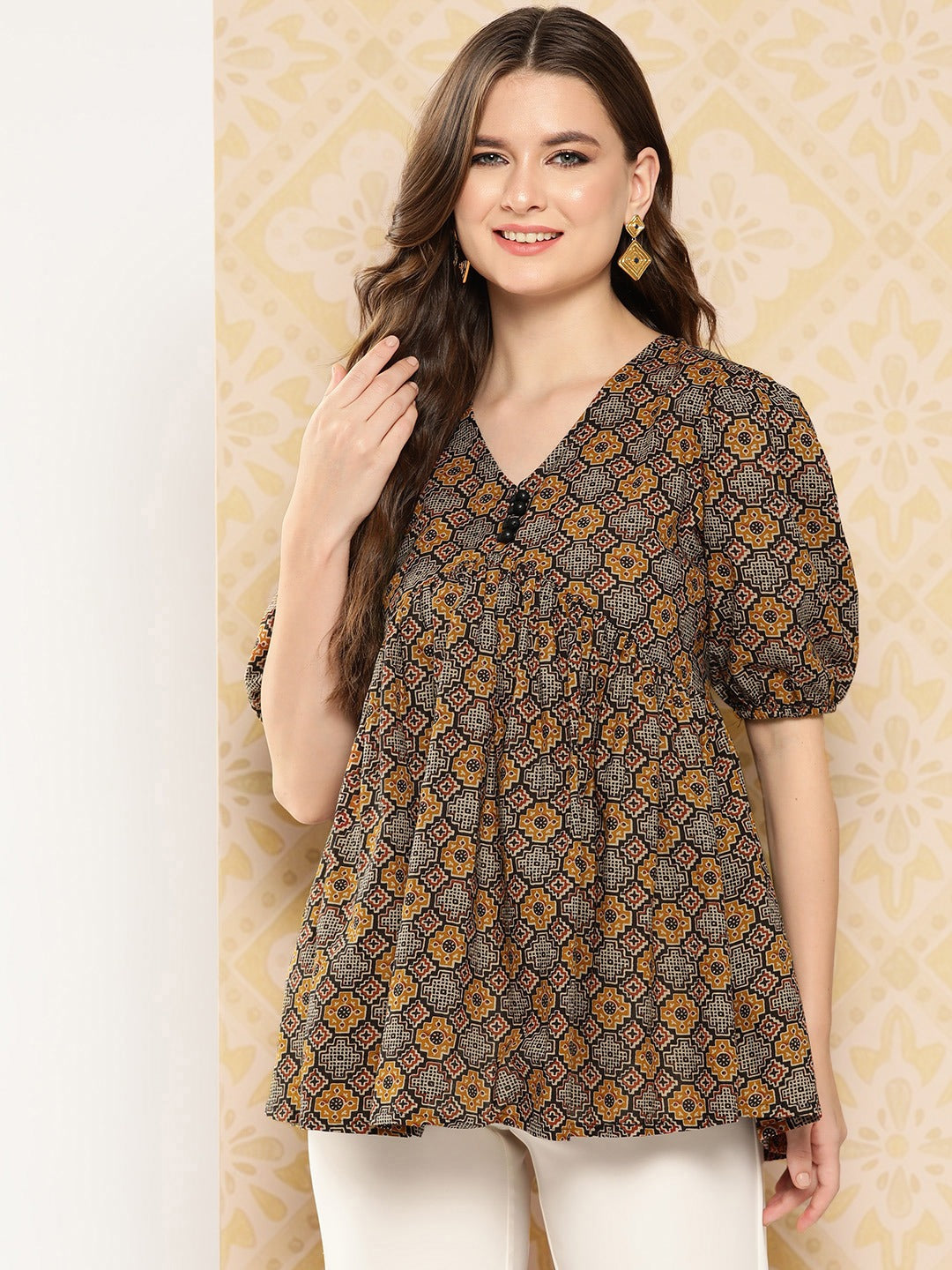 Geometric Print Puff Sleeve Cotton Top-Yufta Store-1408TOPBRS