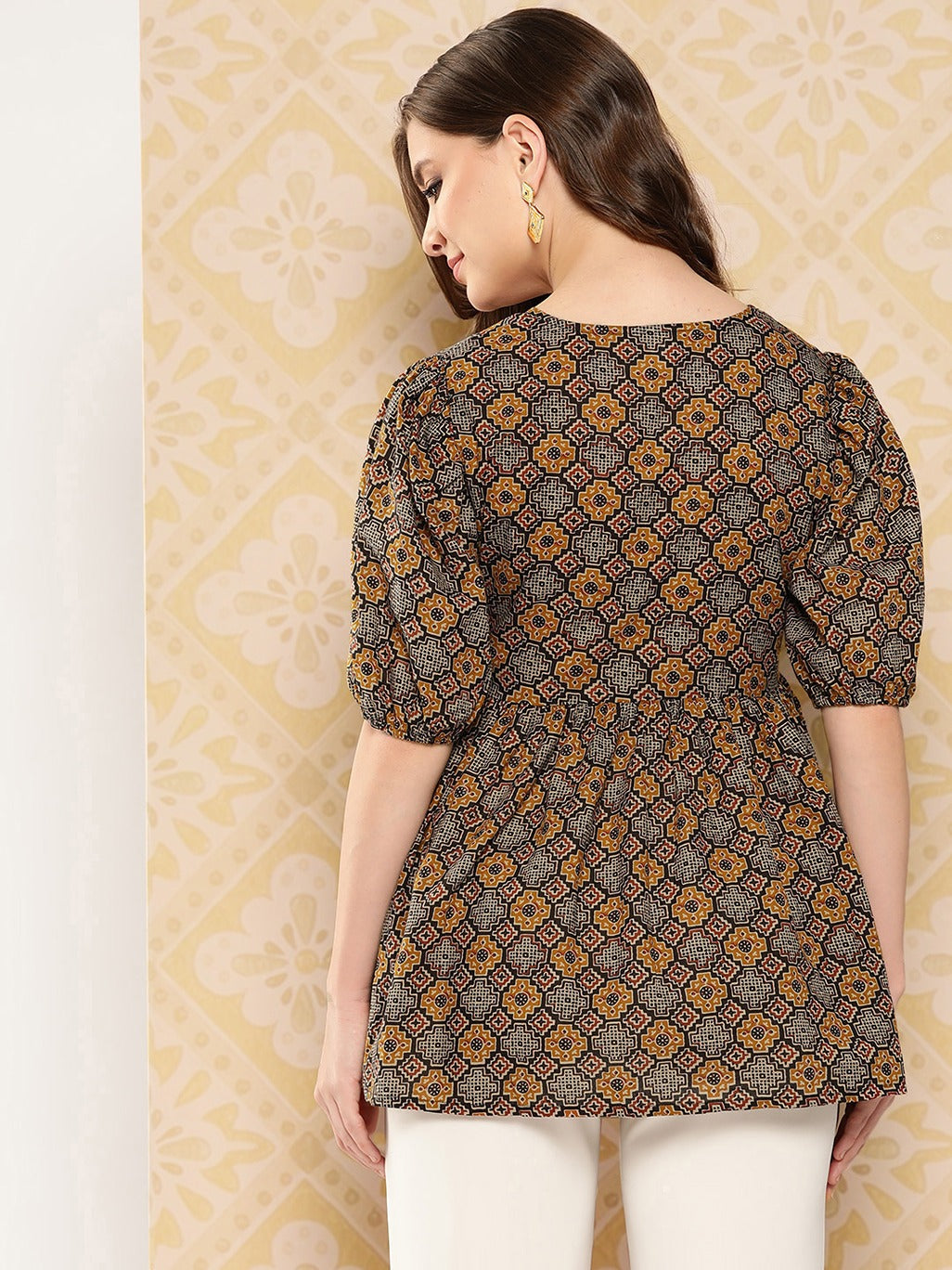 Geometric Print Puff Sleeve Cotton Top-Yufta Store-1408TOPBRS