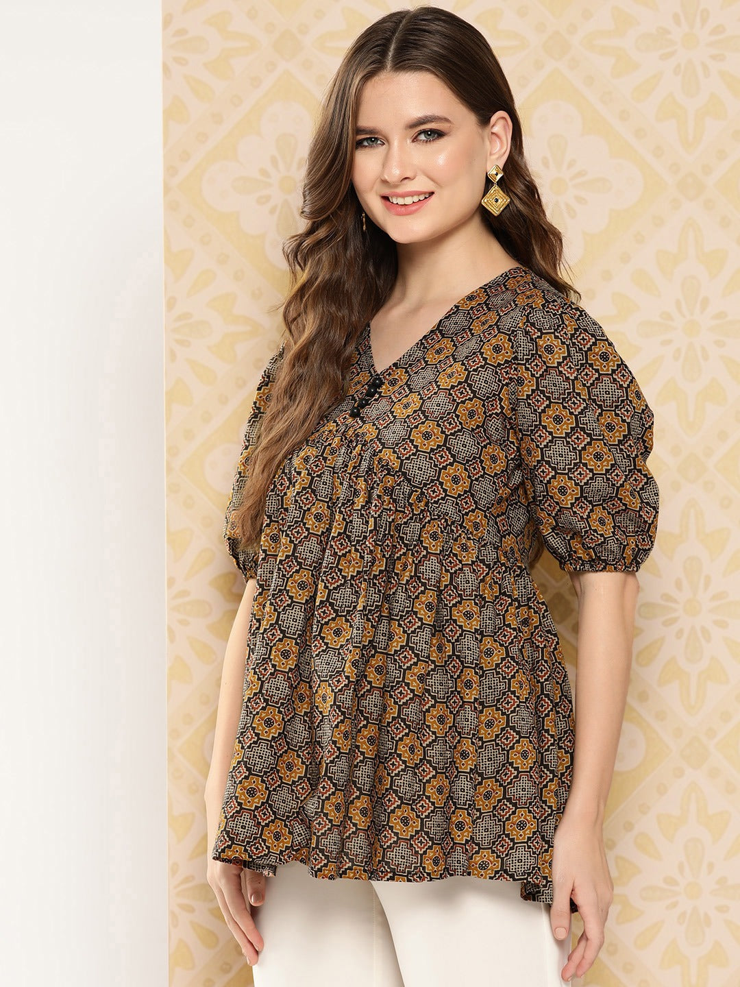 Geometric Print Puff Sleeve Cotton Top-Yufta Store-1408TOPBRS