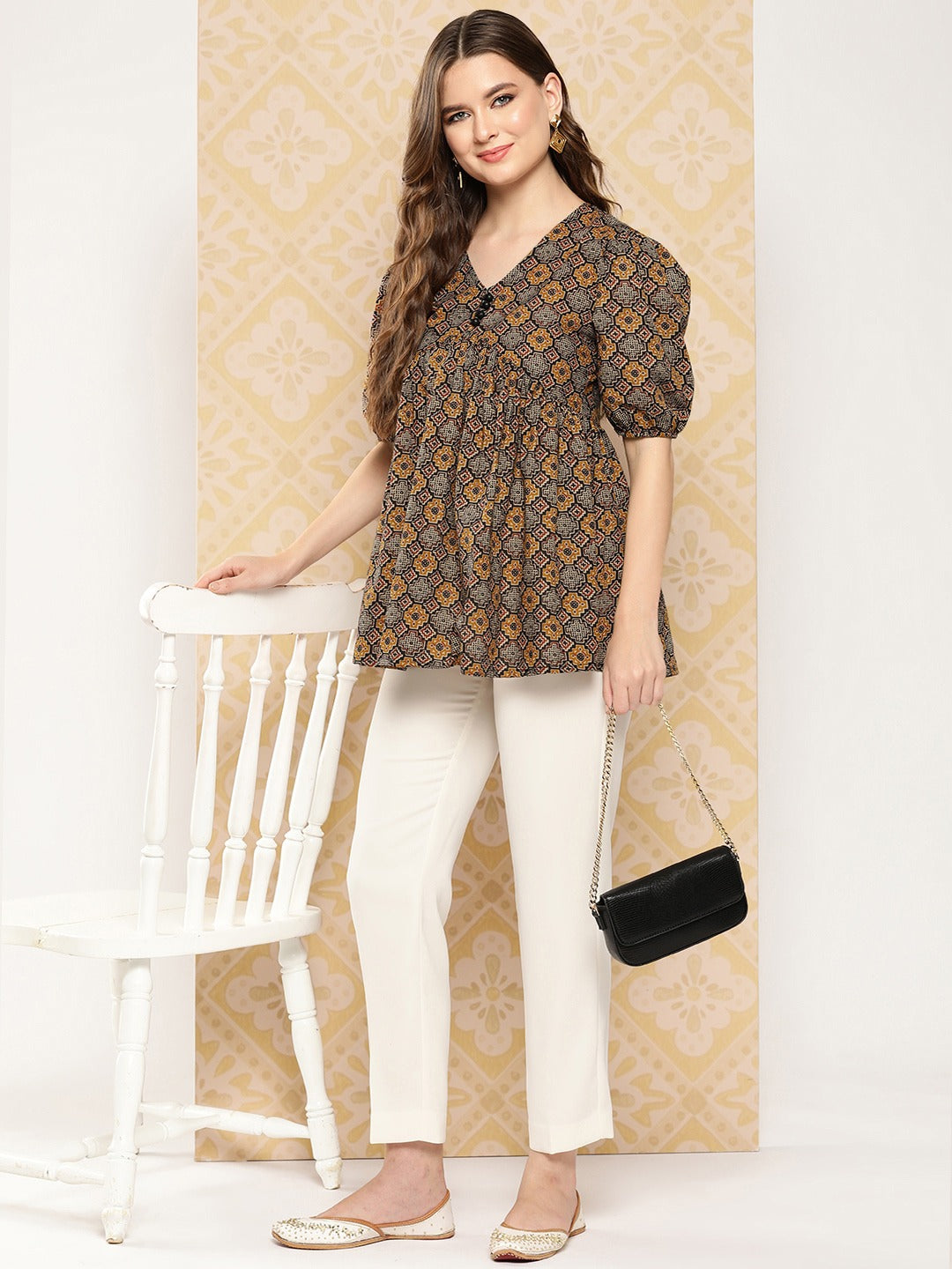 Geometric Print Puff Sleeve Cotton Top-Yufta Store-1408TOPBRS