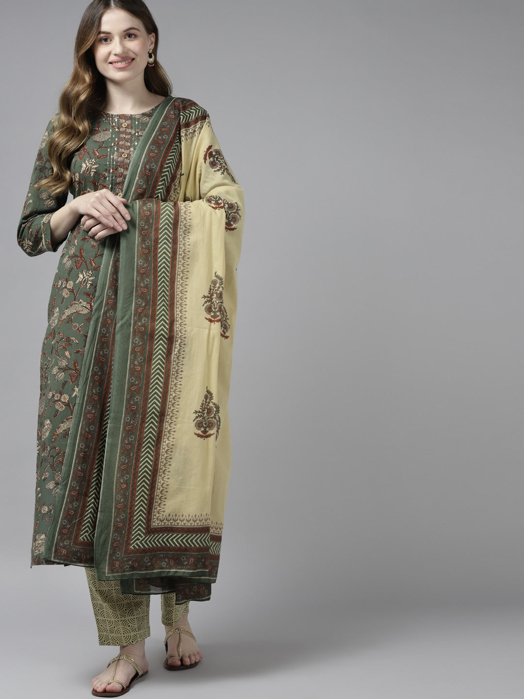 Green & Beige Printed Dupatta Set-Yufta Store-9396SKDGRS