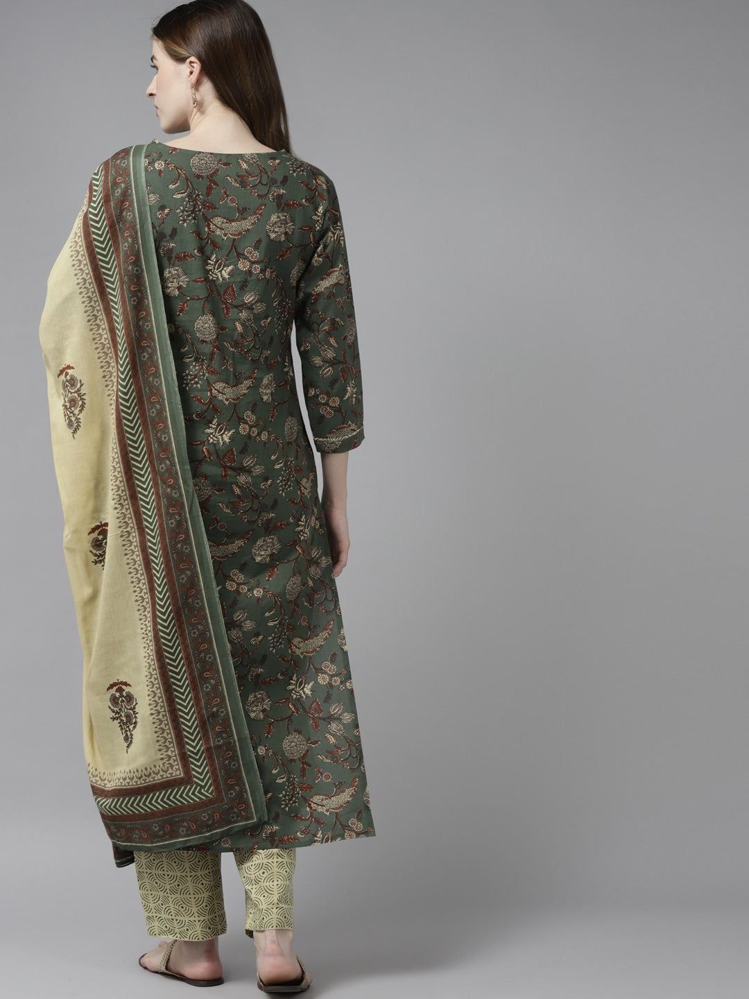 Green & Beige Printed Dupatta Set-Yufta Store-9396SKDGRS