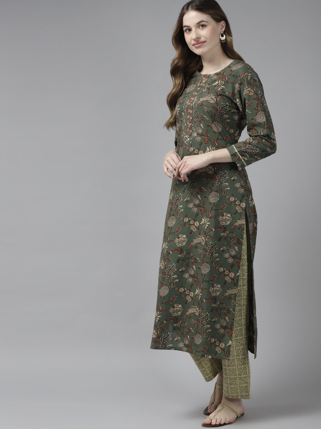 Green & Beige Printed Dupatta Set-Yufta Store-9396SKDGRS