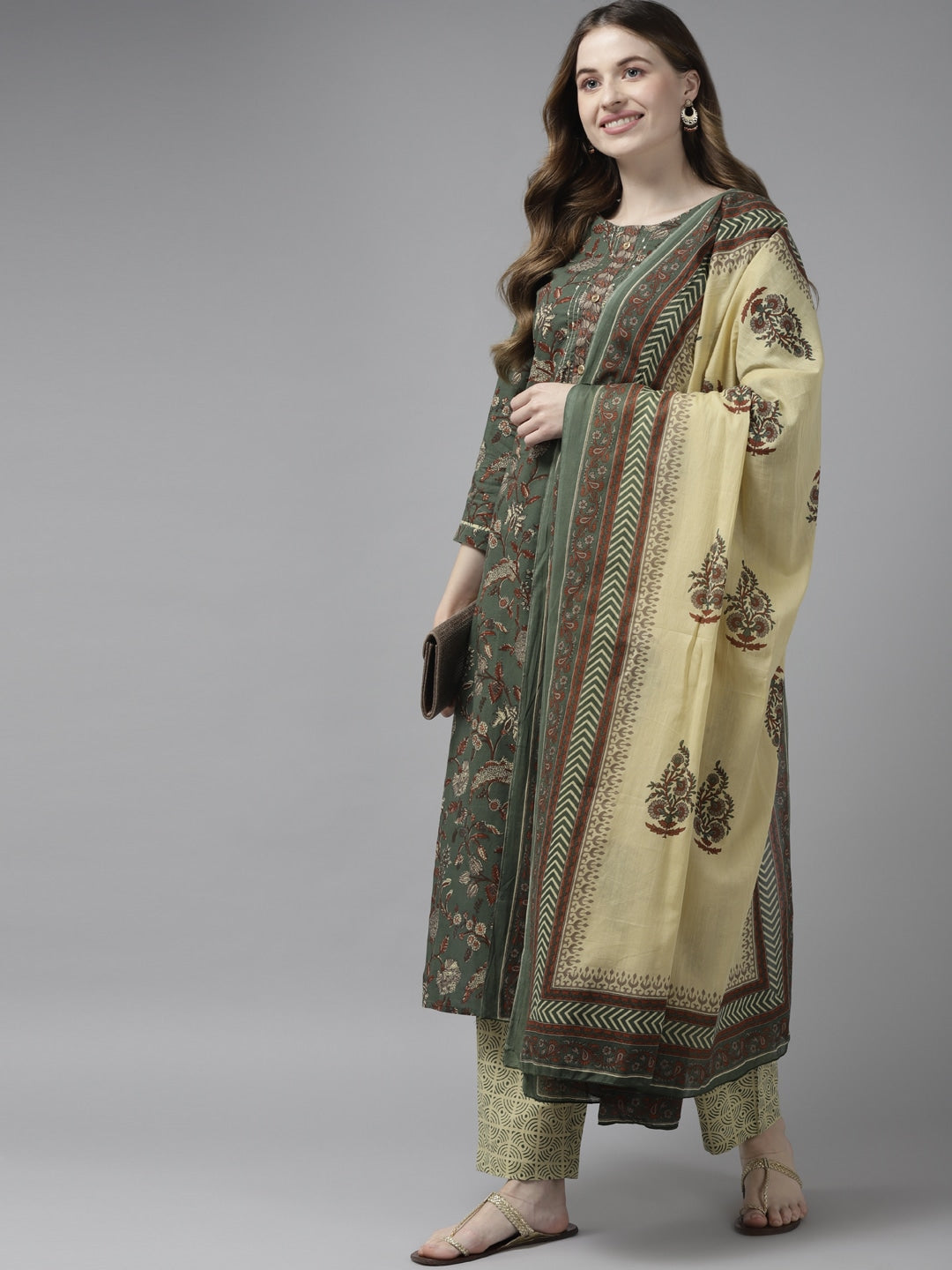 Green & Beige Printed Dupatta Set-Yufta Store-9396SKDGRS