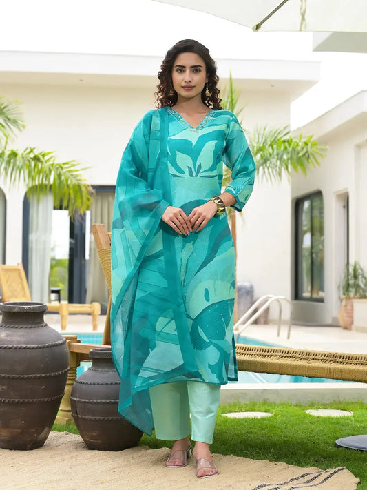 Green Digital Leaf Print Linen Cotton Have A Lining Kurta Trouser And Dupatta Set-Yufta Store-6868SKDGRS