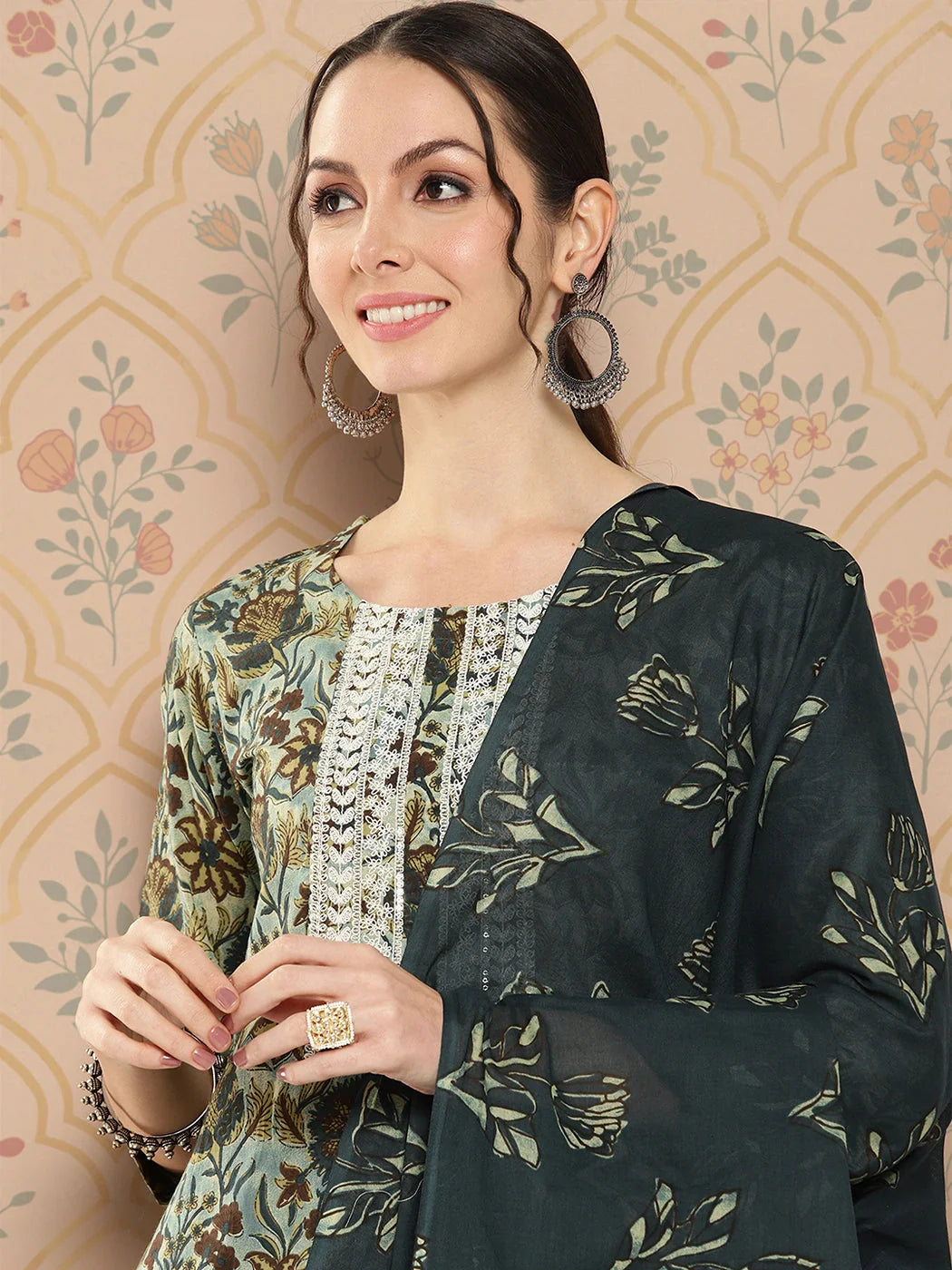 Green Floral Embroidered Regular Pure Cotton Kurta with Trousers & With Dupatta Set-Yufta Store-1442SKDTBS